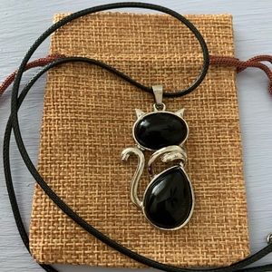 Crystal Cat Necklace Kitty Cat Necklace Black Onyx Necklace Gift For Girlfriend